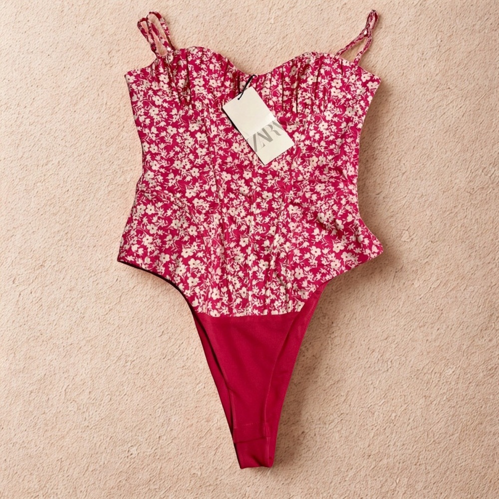 Zara Hot Pink Floral Print Bodysuit